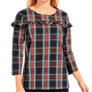Talbots Plaid Ruffle-Yoke Blouse in Black, Red, Blue